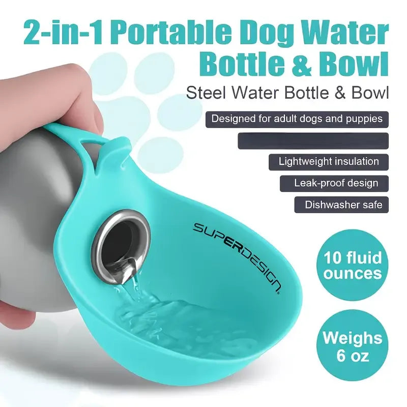 2-in-1 Pet Water Bottle with Silicone Bowl - Insulated, Leak-Proof, 285ml (Blue)