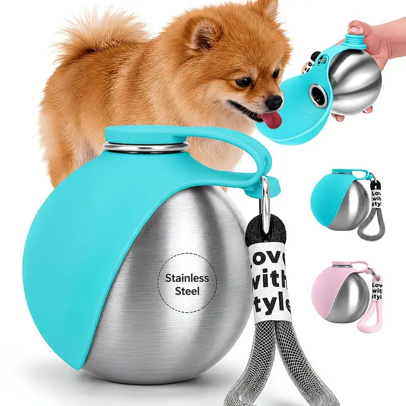 2-in-1 Pet Water Bottle with Silicone Bowl - Insulated, Leak-Proof, 285ml (Grey)