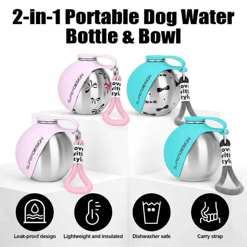 2-in-1 Pet Water Bottle with Silicone Bowl - Insulated, Leak-Proof, 285ml (Grey)