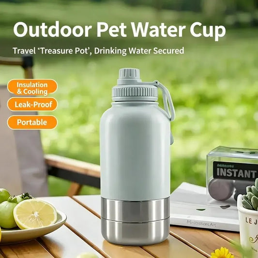 3-in-1 Pet Insulated Water Bottle - Dual Bowls, 32oz, Leak-Proof (Blue)