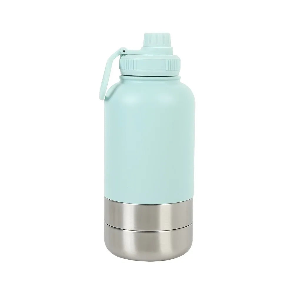 3-in-1 Outdoor Pet Insulated Water Bottle: 32oz Large Capacity, 24H Temperature Lock, Hidden Dual Bowls, 304 Stainless Steel, Leak-Proof & Portable, Essential for Dog Walking & Camping./BLUE