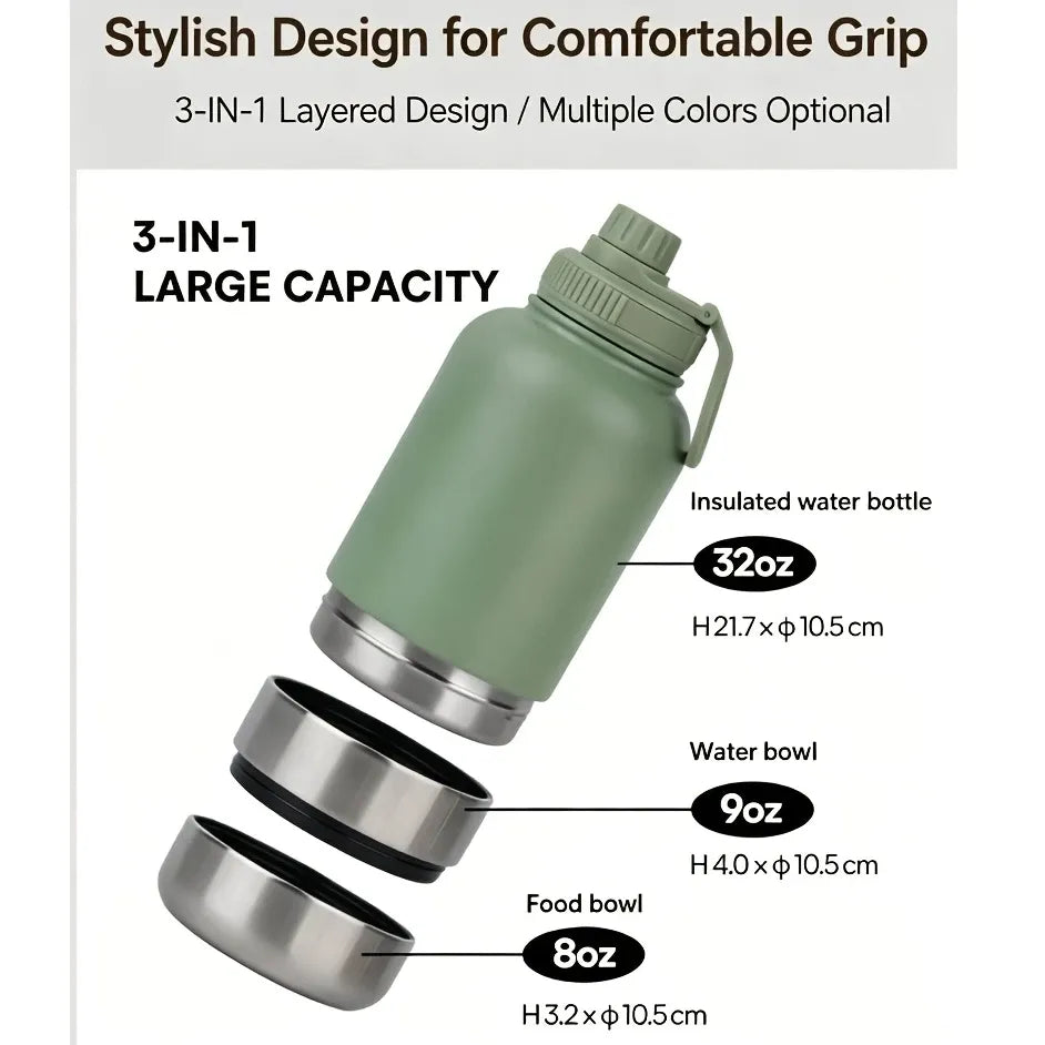 3-in-1 Outdoor Pet Insulated Water Bottle: 32oz Large Capacity, 24H Temperature Lock, Hidden Dual Bowls, 304 Stainless Steel, Leak-Proof & Portable, Essential for Dog Walking & Camping./BLUE
