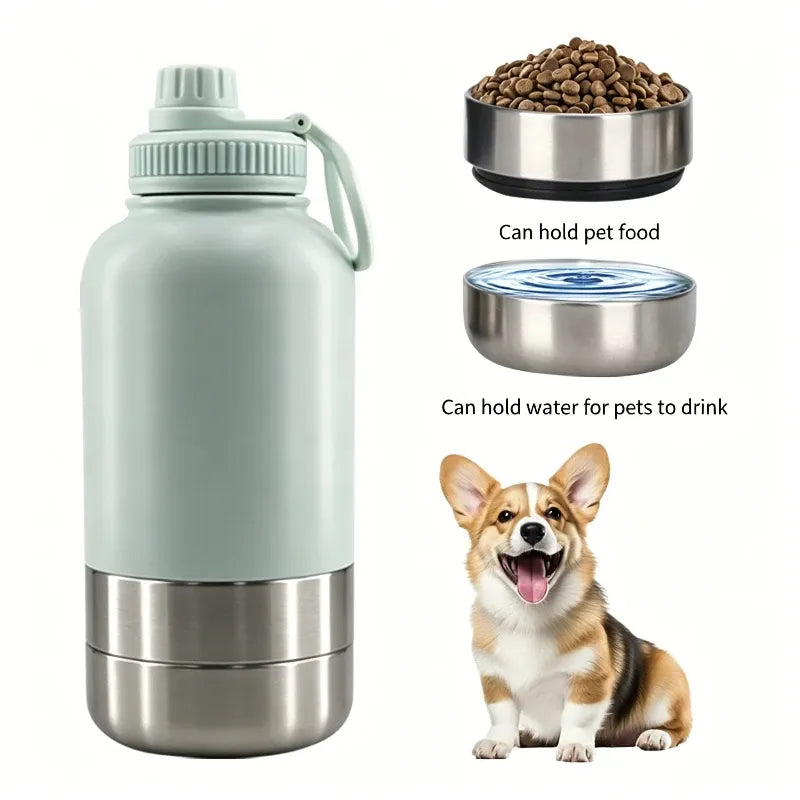 3-in-1 Outdoor Pet Insulated Water Bottle: 32oz Large Capacity, 24H Temperature Lock, Hidden Dual Bowls, 304 Stainless Steel, Leak-Proof & Portable, Essential for Dog Walking & Camping./BLUE