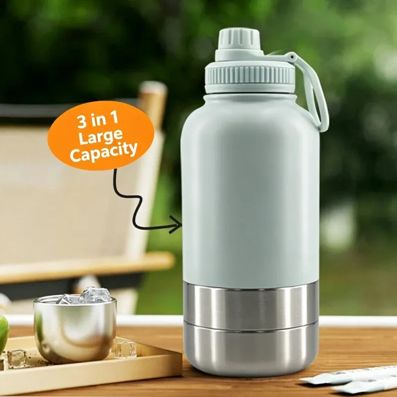 3-in-1 Outdoor Pet Insulated Water Bottle: 32oz Large Capacity, 24H Temperature Lock, Hidden Dual Bowls, 304 Stainless Steel, Leak-Proof & Portable, Essential for Dog Walking & Camping./BLUE