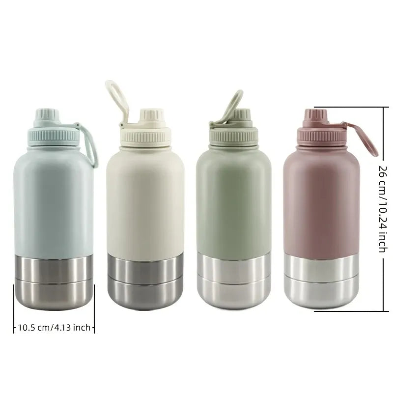 3-in-1 Outdoor Pet Insulated Water Bottle: 32oz Large Capacity, 24H Temperature Lock, Hidden Dual Bowls, 304 Stainless Steel, Leak-Proof & Portable, Essential for Dog Walking & Camping./BLUE