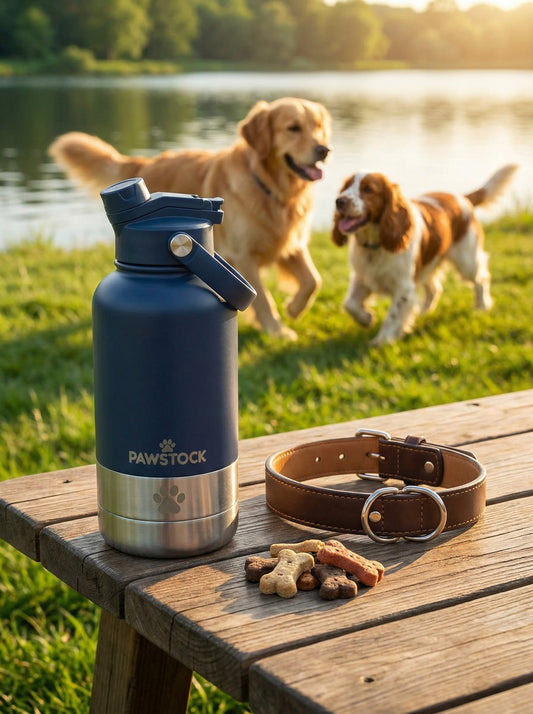 Pawstock 3-in-1 Dog Water Bottle - Dual Bowls, 1L Insulated, Leak-Proof (Navy)