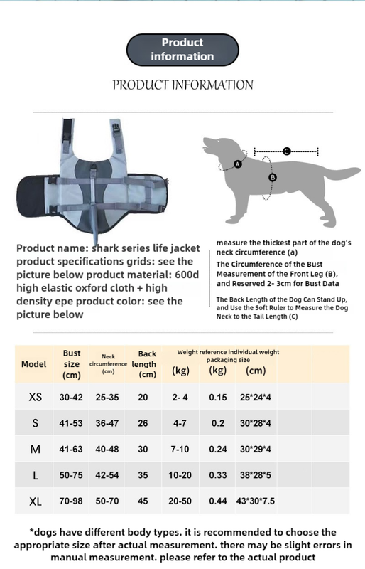 Dog Life Jacket Size Chart by dktraveldogs.com