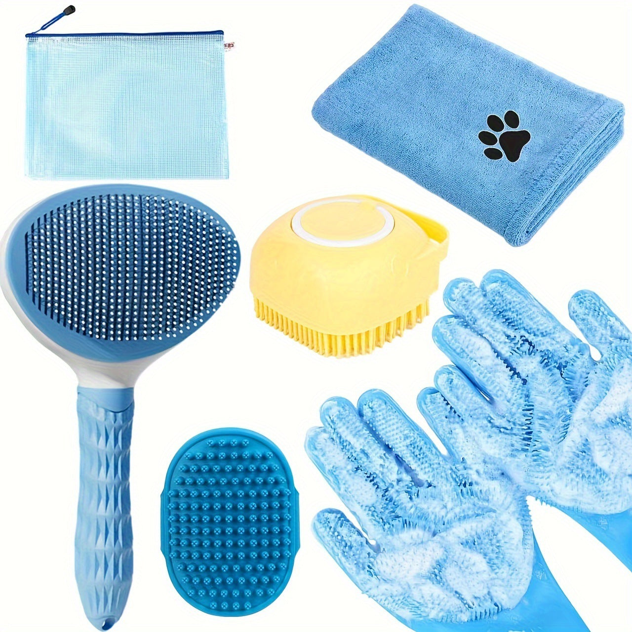 6-Piece Dog Grooming Bath Set - Microfiber Towels & Wash Mitts (Blue)