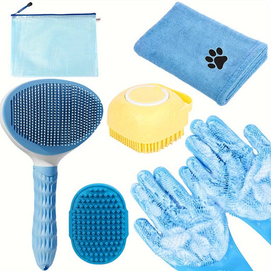 6-Piece Dog Grooming Bath Set - Microfiber Towels & Wash Mitts (Blue)