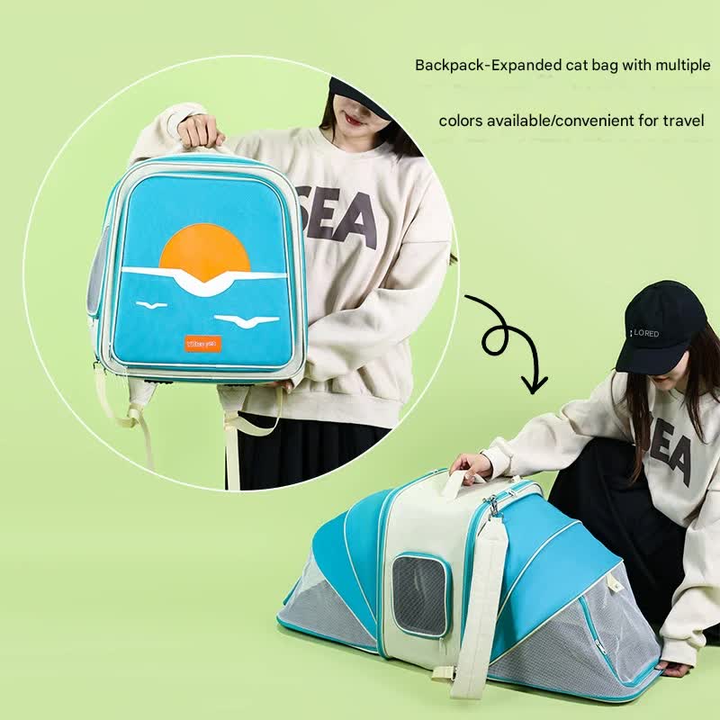 Expandable Pet Carrier Backpack - Breathable Mesh, Multiple Entrances (Blue)